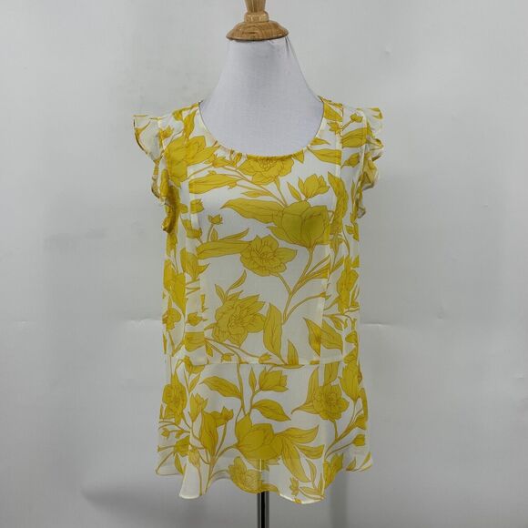 CAbi Blouse Womens XS Extra Small Yellow White Sunrise Floral Ruffle Cap Sleeves - Picture 2 of 11